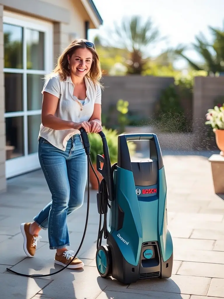 A customer smiling while using a Bosch AdvancedAquatak 150 high-pressure cleaner to clean their patio, highlighting the ease of use.