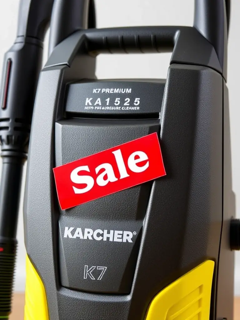 A close-up shot of a Kärcher K7 Premium high-pressure cleaner with a prominent 'Sale' sticker on it, showcasing its robust design and discounted price.
