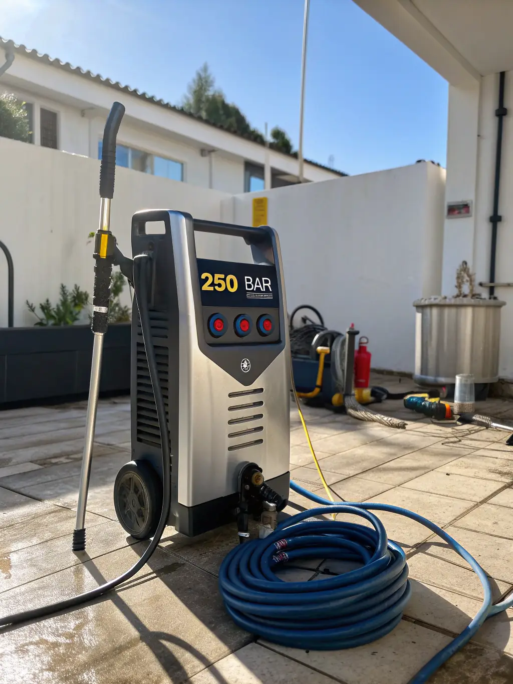 A selection of high-pressure cleaner accessories, such as nozzles and brushes, neatly arranged to showcase the variety available in the sale.