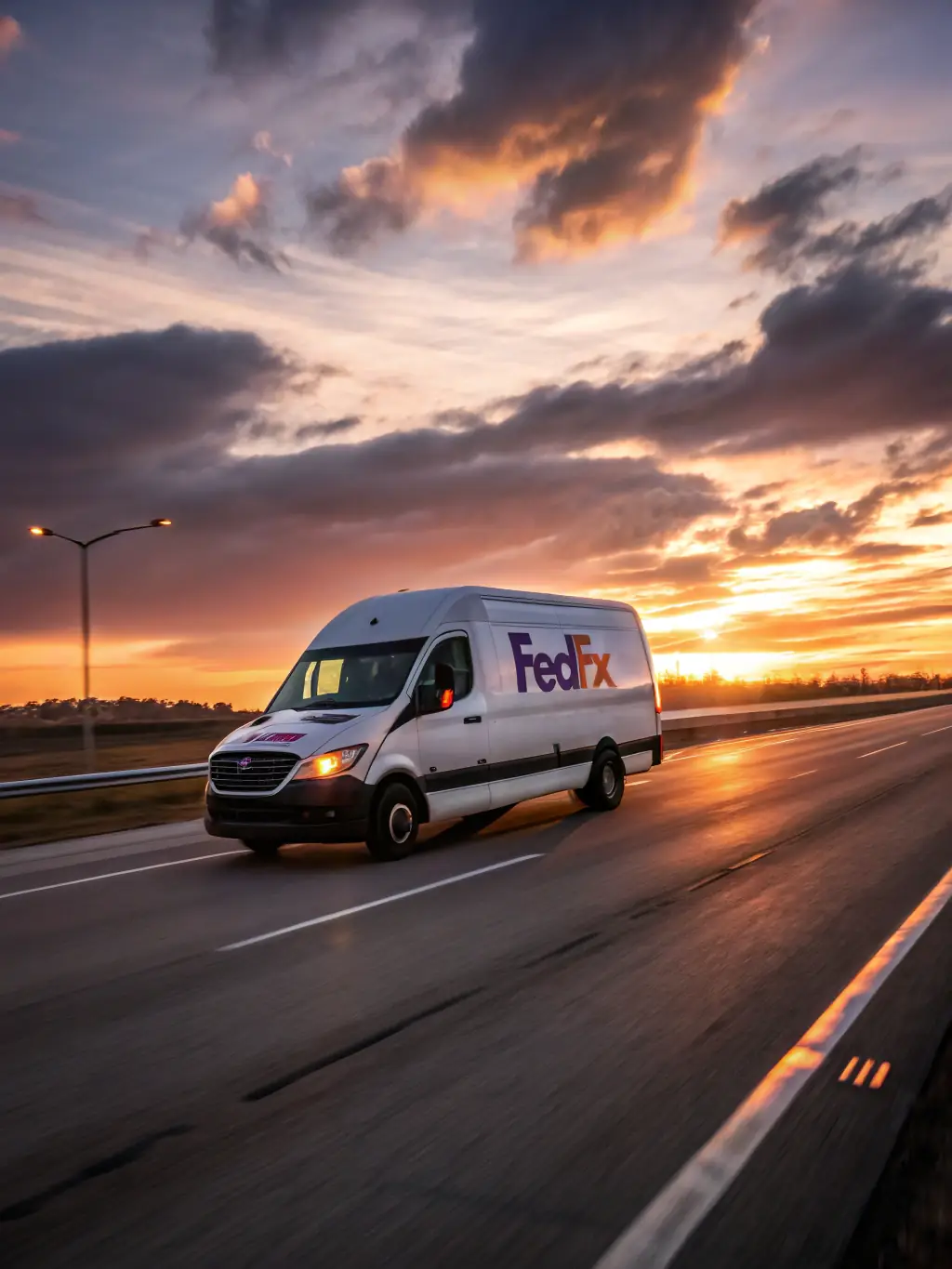 A delivery van speeding down a road with the Hogedrukwinkel.nl logo on the side, emphasizing the fast delivery service.